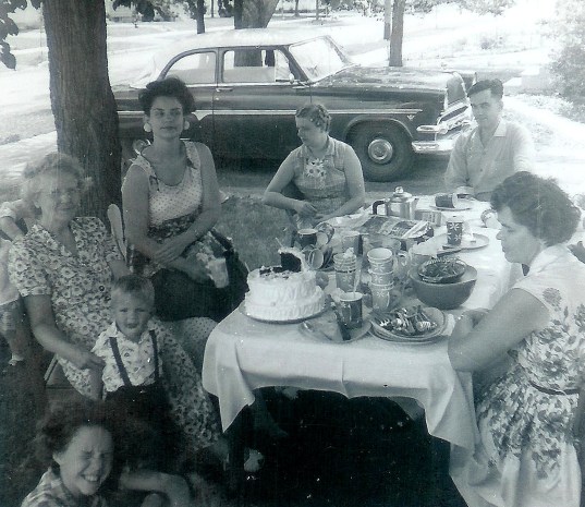 #122=Elliott at picnic with Grandma Sletten, circa 1956