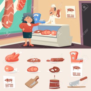 Meat Butcher Shop Granny Old Woman Seller Retro Vintage Cartoon Character Icon on Stylish Background Design Vector Illustration