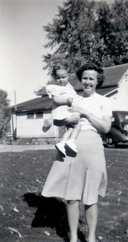 #378=Rosemary &amp; Aunt Esther Bidne at Kiester, MN farm; circa 1948
