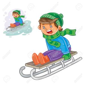Vector winter illustration of small boy sledding