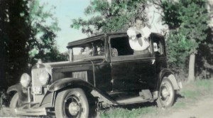 #364=Russ N.& 1929 Chevy@Tilman Thompson's farm, Lake Mills,IA; circa 1939