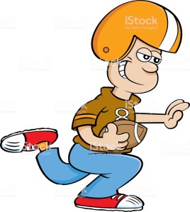 Cartoon illustration of a boy running with a football.