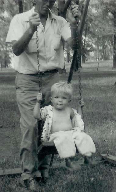 #123=Elliott with Dad on swing at Pihl's Park, circa 1956