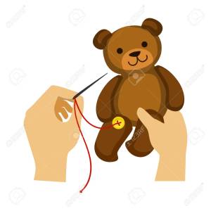 Two Hands Stitching Button To A Teddy Bear Toy, Elementary School Art Class Vector Illustration