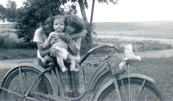 #57=Elliott on bike seat with Lowell &amp; Rosie(Summer 1954)