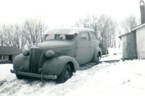 #280=Rosie in 1936 Chevy stuck in snow; March 1951