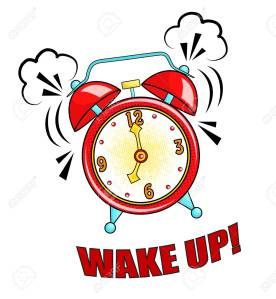 Comic alarm clock ringing and expression with wake up text. Vect