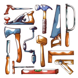 Carpentry tools hand drawn set on white